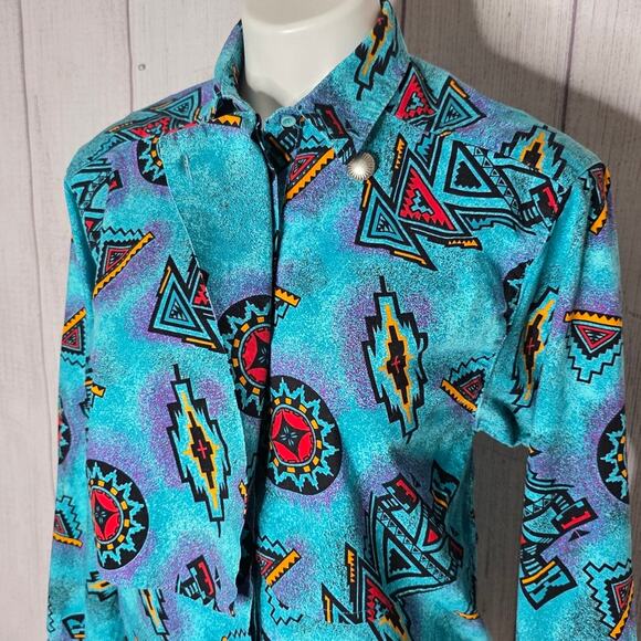 VTG 80s Wrangler Teal/Multicolor Aztec Western Button Up, size Medium - Picture 5 of 9